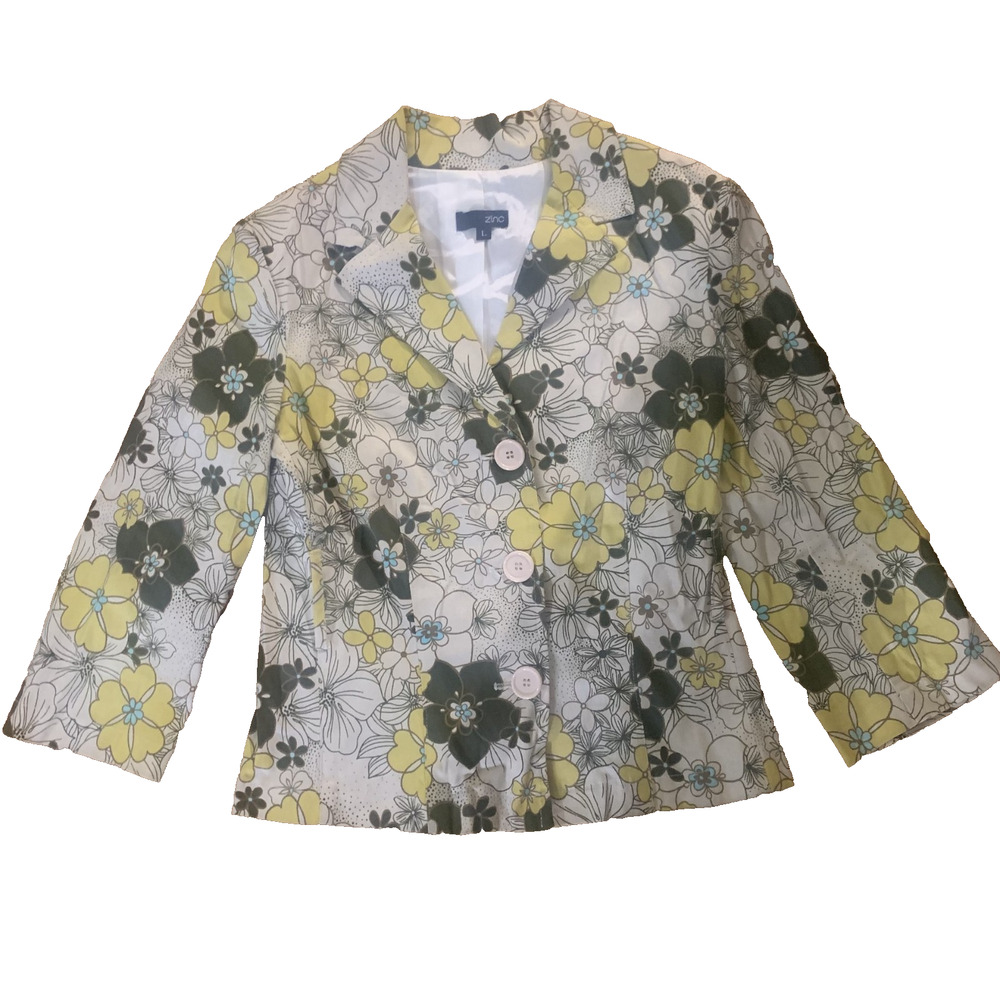 ZINC WOMEN'S YELLOW/BROWN/WHITE FLORAL LINED BUTTON FRONT BLAZER SIZE LARGE-EUC